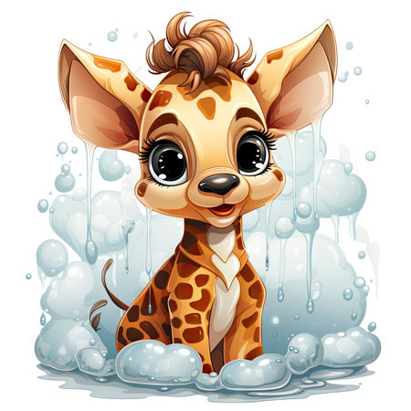 Cheerful giraffe illustration with playful bubbles, showcasing vibrant digital artistry and captivating eyes.の素材