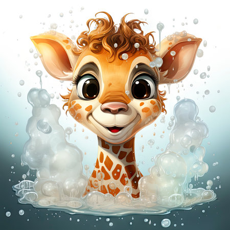 Bright-eyed giraffe illustration with playful bubbles, dewdrops, and a serene nature backdrop.の素材