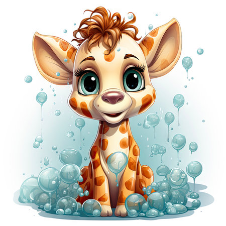 Bright-eyed giraffe illustration with playful bubbles, dewdrops, and a serene nature backdrop.の素材