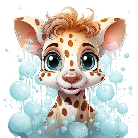Bright-eyed giraffe illustration with playful bubbles, dewdrops, and a serene nature backdrop.の素材