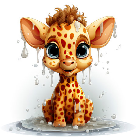 Bright-eyed giraffe illustration with playful bubbles, dewdrops, and a serene nature backdrop.の素材