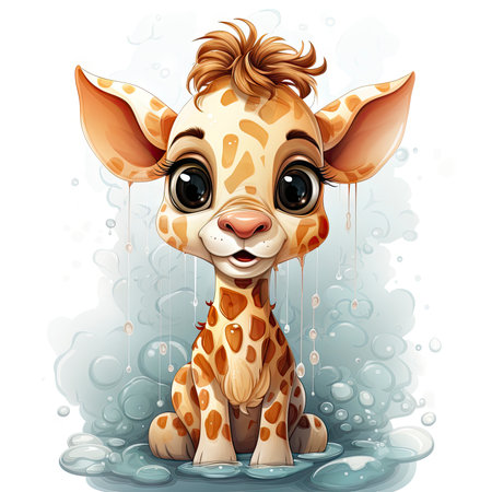 Bright-eyed giraffe illustration with playful bubbles, dewdrops, and a serene nature backdrop.の素材