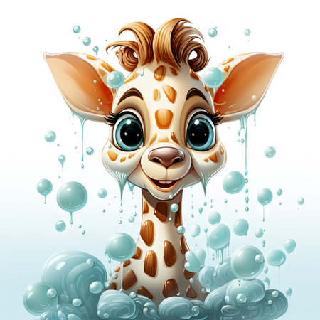 Bright-eyed giraffe illustration with playful bubbles, dewdrops, and a serene nature backdrop.の素材