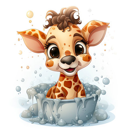 Bright-eyed giraffe illustration with playful bubbles, dewdrops, and a serene nature backdrop.の素材