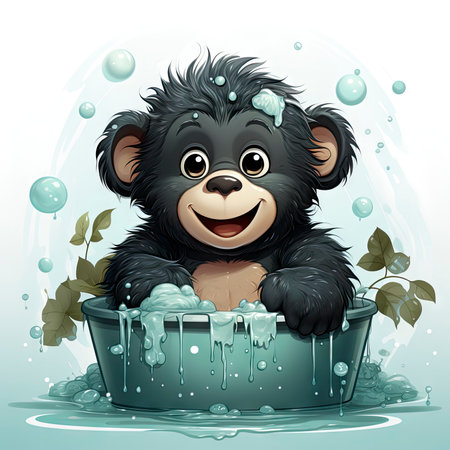 little gorilla bathing in a basinの素材