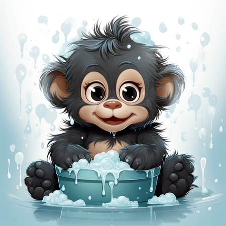 little gorilla bathing in a basinの素材