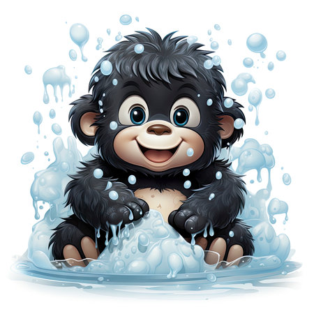 little gorilla bathing in a basinの素材