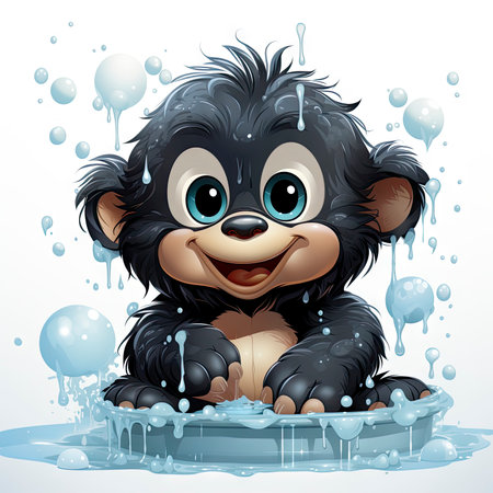little gorilla bathing in a basinの素材