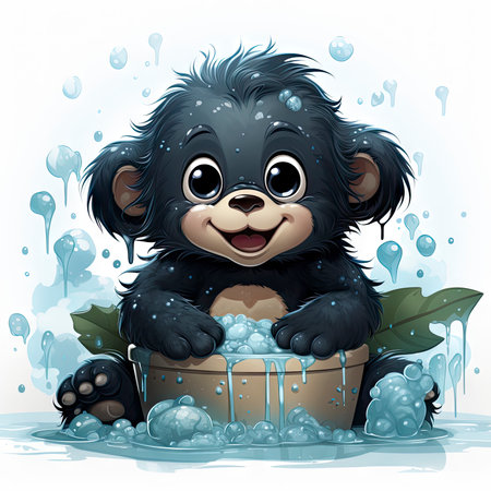 little gorilla bathing in a basinの素材
