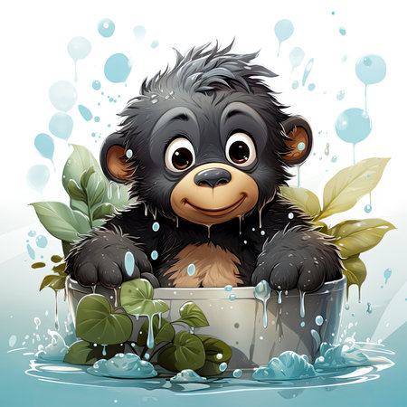 little gorilla bathing in a basinの素材