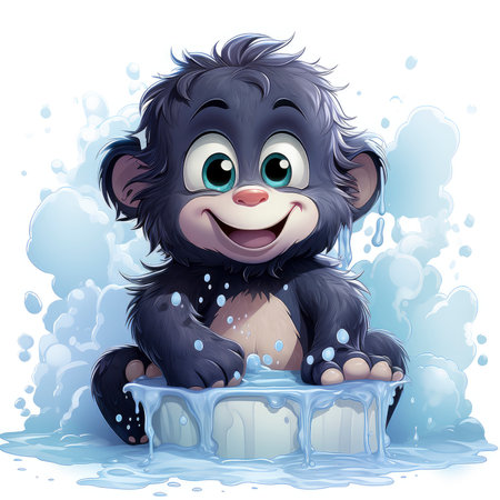 little gorilla bathing in a basinの素材