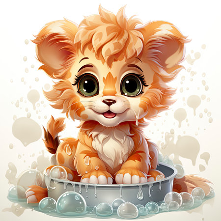 Adorable illustrated lion cub taking a bubbly bath, showing playful innocence and vibrant detailsの素材