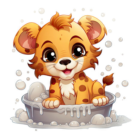 Adorable illustrated lion cub taking a bubbly bath, showing playful innocence and vibrant detailsの素材
