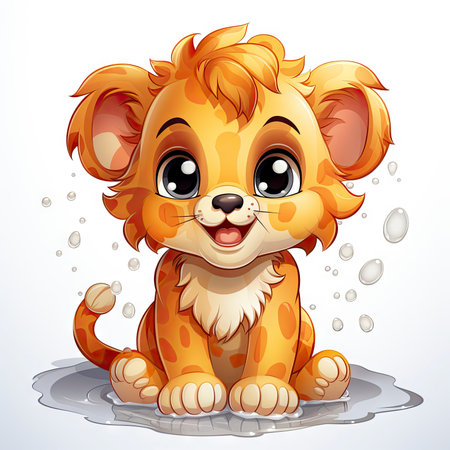 Adorable illustrated lion cub taking a bubbly bath, showing playful innocence and vibrant detailsの素材
