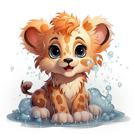 Adorable illustrated lion cub taking a bubbly bath, showing playful innocence and vibrant detailsの素材