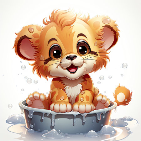 Adorable illustrated lion cub taking a bubbly bath, showing playful innocence and vibrant detailsの素材