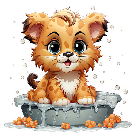 Adorable illustrated lion cub taking a bubbly bath, showing playful innocence and vibrant detailsの素材