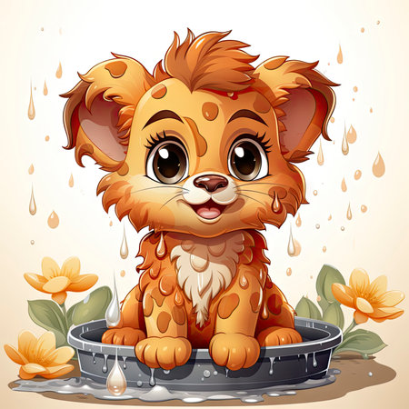 Adorable illustrated lion cub taking a bubbly bath, showing playful innocence and vibrant detailsの素材