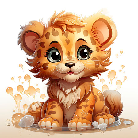 Adorable illustrated lion cub taking a bubbly bath, showing playful innocence and vibrant detailsの素材