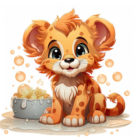 Adorable illustrated lion cub taking a bubbly bath, showing playful innocence and vibrant detailsの素材