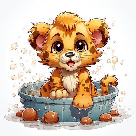 Adorable illustrated lion cub taking a bubbly bath, showing playful innocence and vibrant detailsの素材
