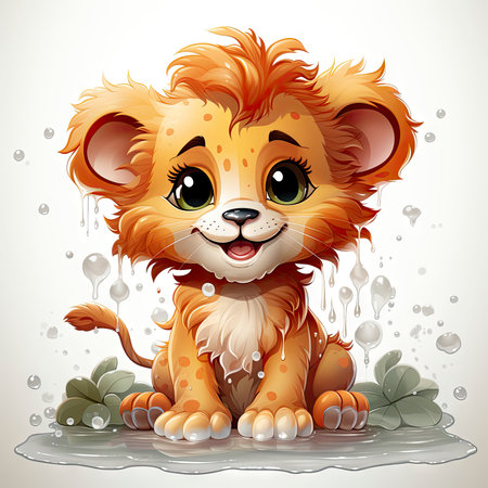 Adorable illustrated lion cub taking a bubbly bath, showing playful innocence and vibrant detailsの素材