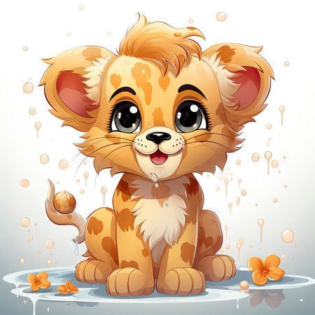 Adorable illustrated lion cub taking a bubbly bath, showing playful innocence and vibrant detailsの素材