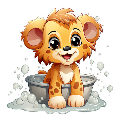 Adorable illustrated lion cub taking a bubbly bath, showing playful innocence and vibrant detailsの素材