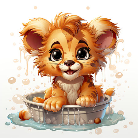 Adorable illustrated lion cub taking a bubbly bath, showing playful innocence and vibrant detailsの素材