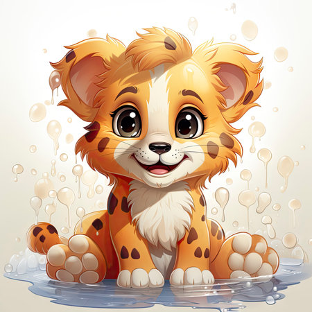 Adorable illustrated lion cub taking a bubbly bath, showing playful innocence and vibrant detailsの素材