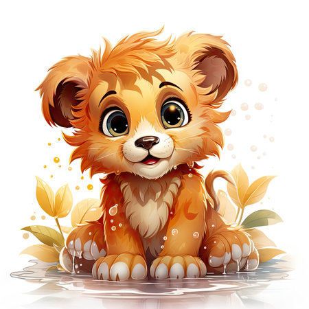 Adorable illustrated lion cub taking a bubbly bath, showing playful innocence and vibrant detailsの素材