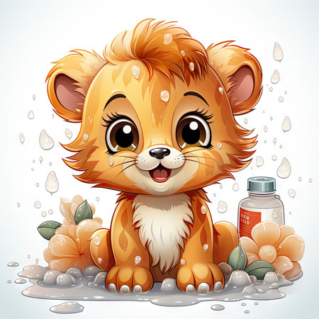 Charming illustrated lion cub sitting amidst bubbles, capturing a moment of curious wonder and vibrant detailの素材
