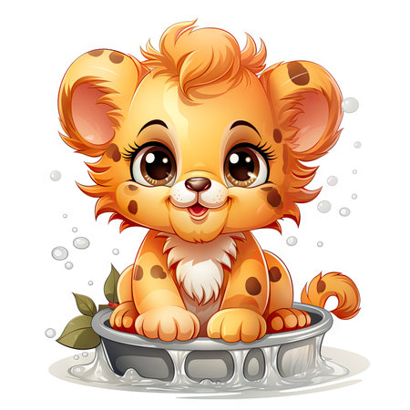 Charming illustrated lion cub sitting amidst bubbles, capturing a moment of curious wonder and vibrant detailの素材
