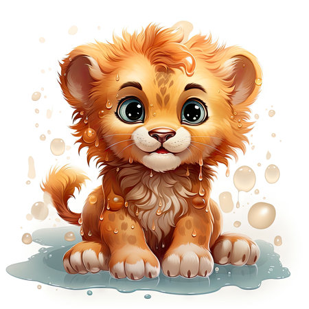 Charming illustrated lion cub sitting amidst bubbles, capturing a moment of curious wonder and vibrant detailの素材