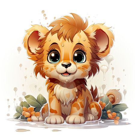 Charming illustrated lion cub sitting amidst bubbles, capturing a moment of curious wonder and vibrant detailの素材