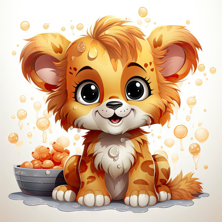 Charming illustrated lion cub sitting amidst bubbles, capturing a moment of curious wonder and vibrant detailの素材