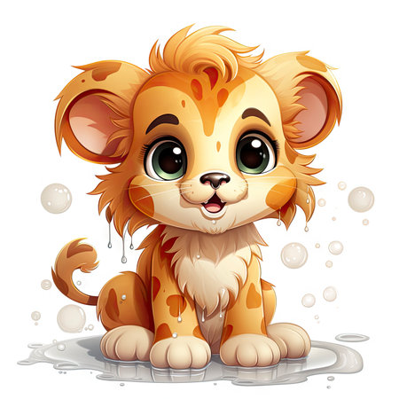 Charming illustrated lion cub sitting amidst bubbles, capturing a moment of curious wonder and vibrant detailの素材