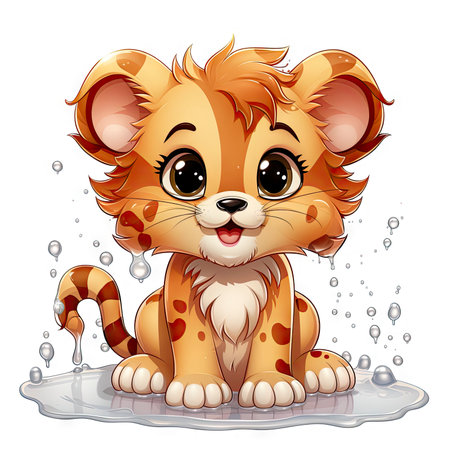 Charming illustrated lion cub sitting amidst bubbles, capturing a moment of curious wonder and vibrant detailの素材
