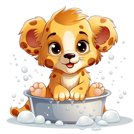 Charming illustrated lion cub sitting amidst bubbles, capturing a moment of curious wonder and vibrant detailの素材