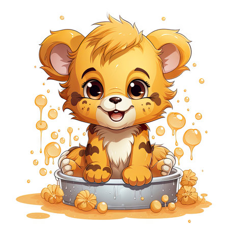 Charming illustrated lion cub sitting amidst bubbles, capturing a moment of curious wonder and vibrant detailの素材
