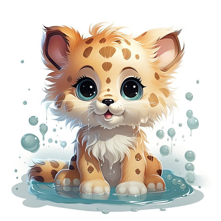 Charming illustrated lion cub sitting amidst bubbles, capturing a moment of curious wonder and vibrant detailの素材