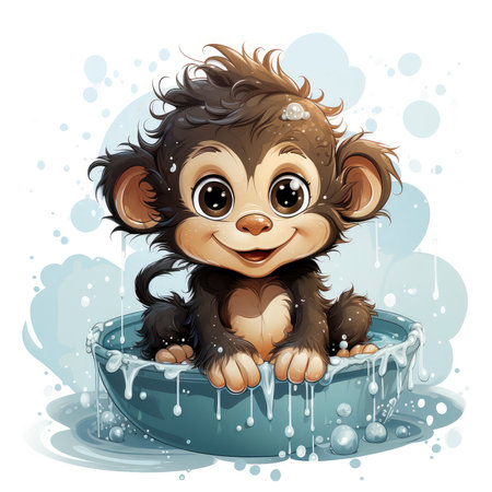 Delightful illustrated monkey enjoying a splashy bath, radiating joy and detailed artistry with water dropletsの素材