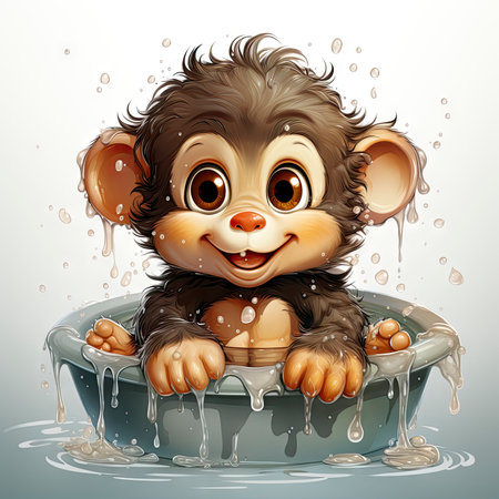 Delightful illustrated monkey enjoying a splashy bath, radiating joy and detailed artistry with water dropletsの素材