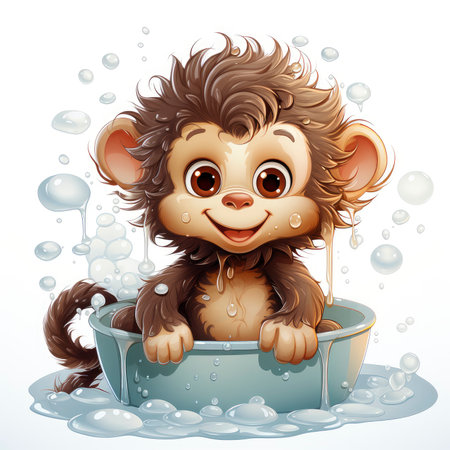 Delightful illustrated monkey enjoying a splashy bath, radiating joy and detailed artistry with water dropletsの素材