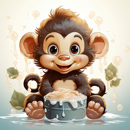 Delightful illustrated monkey enjoying a splashy bath, radiating joy and detailed artistry with water dropletsの素材