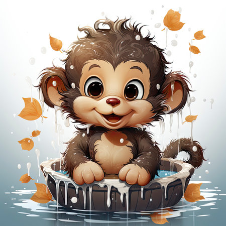 Delightful illustrated monkey enjoying a splashy bath, radiating joy and detailed artistry with water dropletsの素材