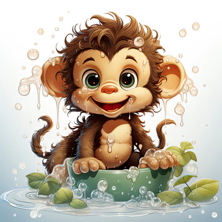 Delightful illustrated monkey enjoying a splashy bath, radiating joy and detailed artistry with water dropletsの素材