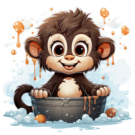 Delightful illustrated monkey enjoying a splashy bath, radiating joy and detailed artistry with water dropletsの素材