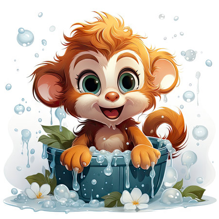 Delightful illustrated monkey enjoying a splashy bath, radiating joy and detailed artistry with water dropletsの素材