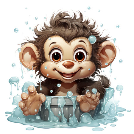 Delightful illustrated monkey enjoying a splashy bath, radiating joy and detailed artistry with water dropletsの素材
